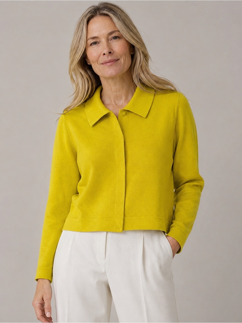 Per Se cropped yellow cashmere blend Peter Pan cardigan Sz M